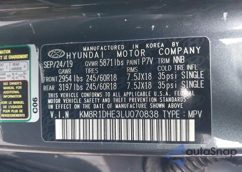 2020 Hyundai Palisade Se из США, поврежденный, VIN KM8R1DHE3LU070838